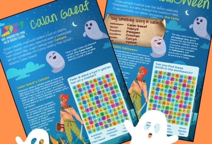 Image showing booklet with drawings of ghosts. Delwedd o'r llyfryn gyda lluniau o ysbrydion.