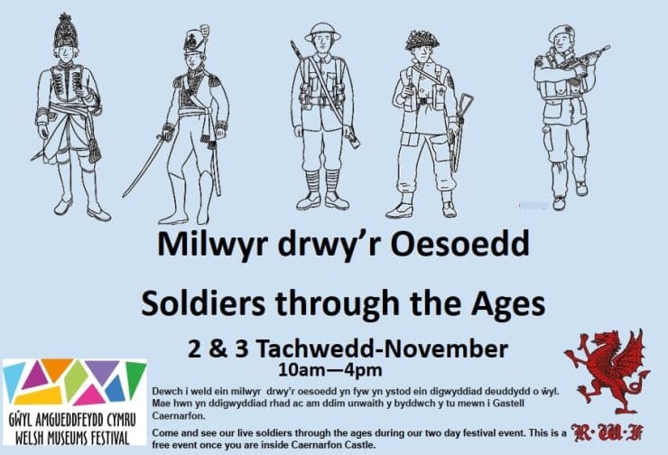Poster of event, with illustrations of soldiers. Poster o'r digwyddiad gyda lluniau o filwyr.