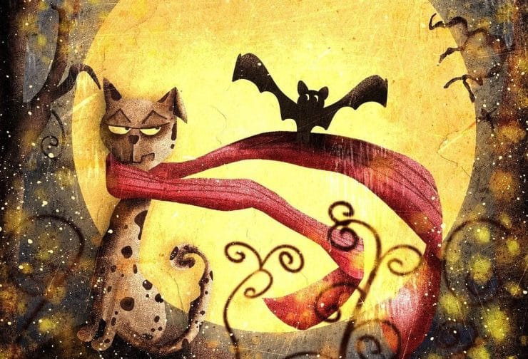 Illustration with cat and bat. Darlun â chath ac ystlym.
